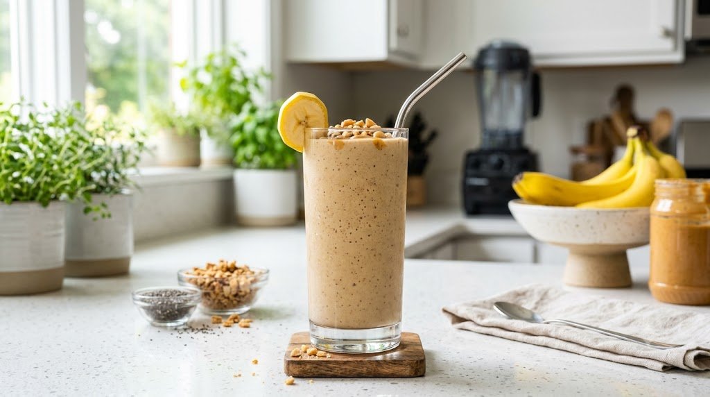 Peanut butter and banana protein smoothie representing great morning meals