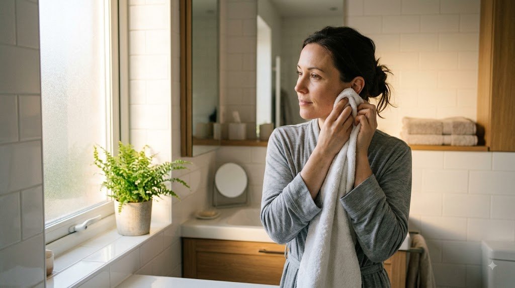 A person practicing safe ear care habits with a soft towel in the morning.