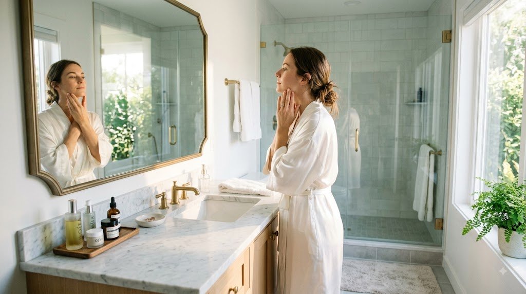 A woman preparing for her morning 10 minute lymphatic drainage routine.