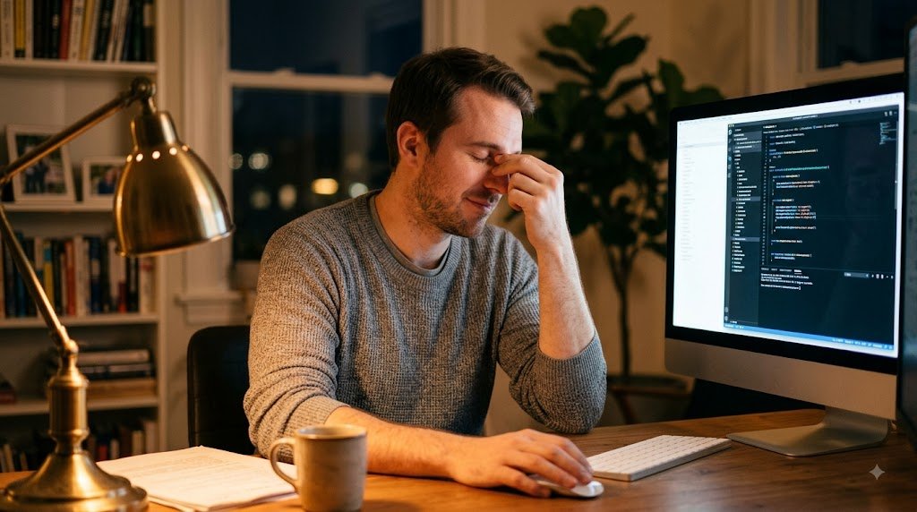 A person rubbing their face wondering why do my eyes feel tired by 4pm.