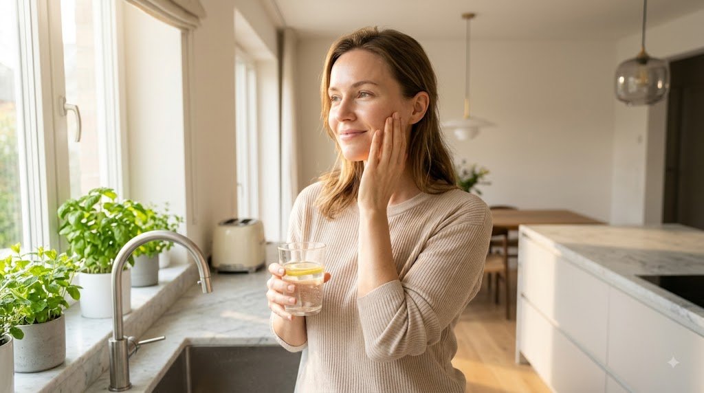 A woman drinking water to support the gut-skin connection.