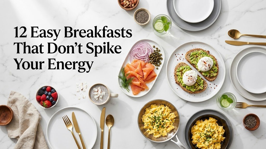 A spread of healthy breakfasts that don't spike your energy to prevent a mid-morning crash.