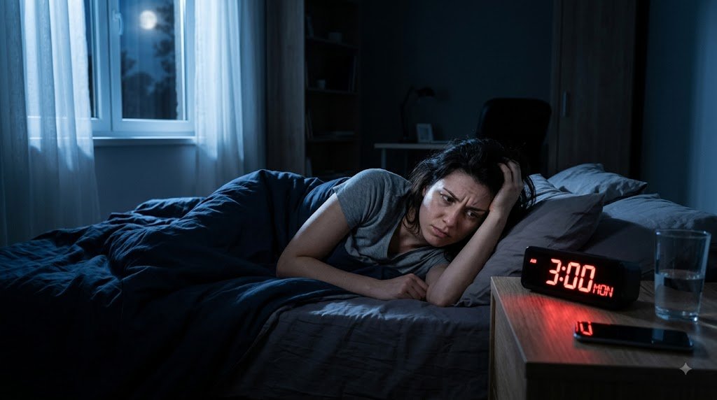 A person lying awake wondering why do I wake up at 3am every night.