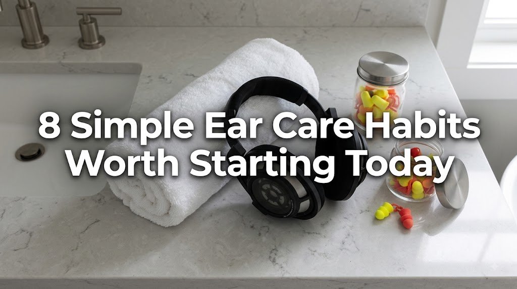 A collection of items representing safe ear care habits to protect your hearing.