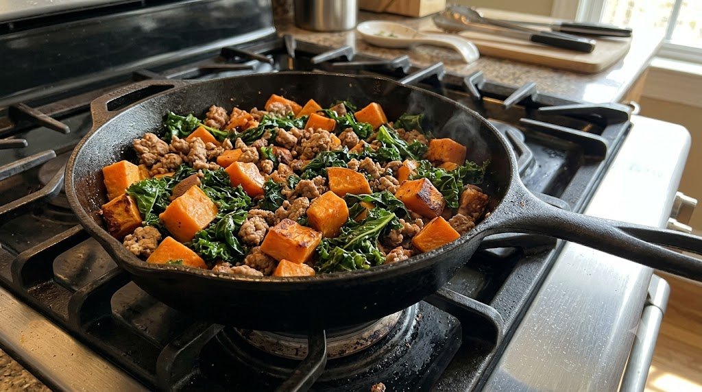 Ground turkey and sweet potato skillet cooked perfectly.