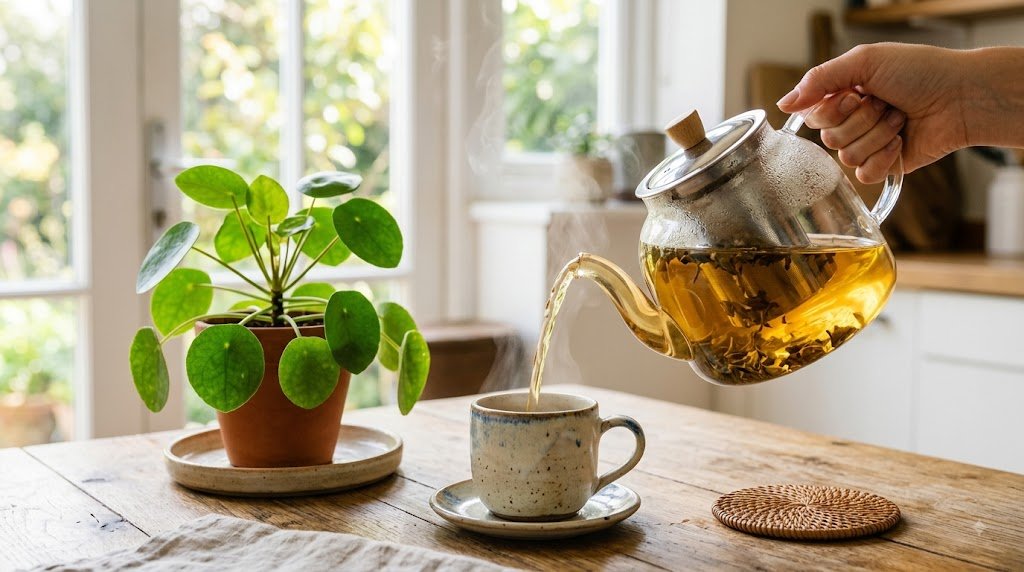 Drinking herbal tea supports digestion and a clear complexion.