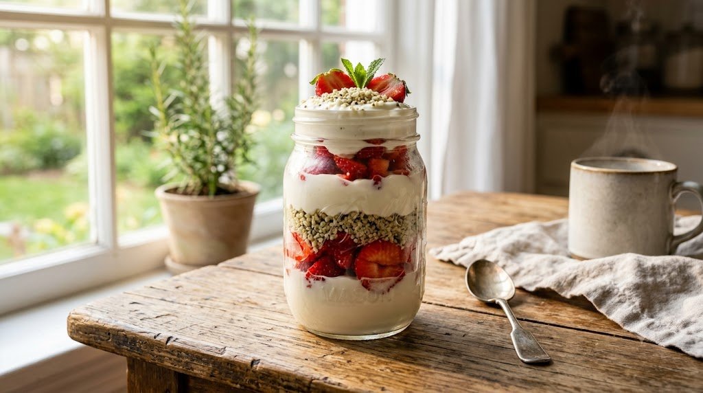 Layered Greek yogurt parfait serving as one of many easy high protein breakfast ideas.