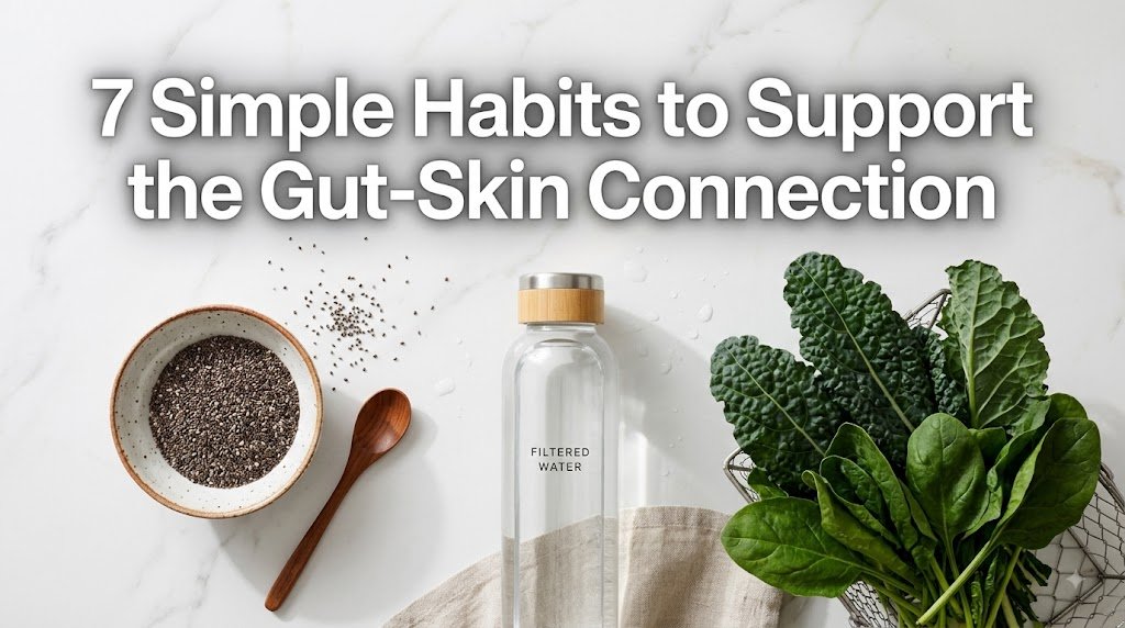 A spread of healthy foods that actively support the gut-skin connection.